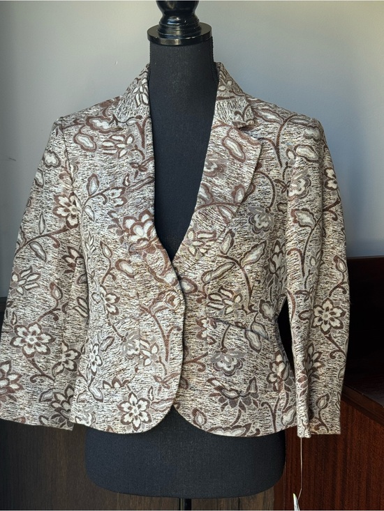 Nine West Jackets & Blazers - Nine West Women's linen blend Floral Textured Brown & Cream Blazer 4 NWT